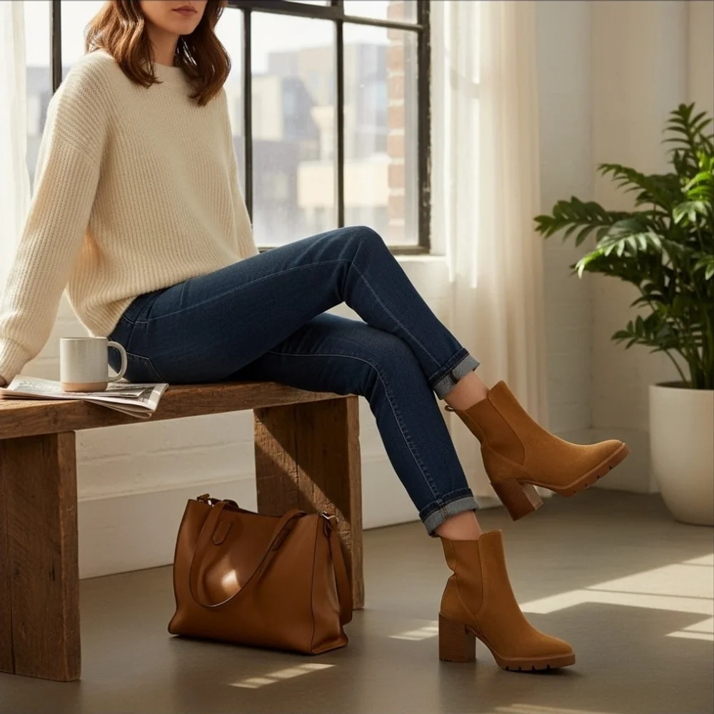 Sam Edelman Suede LEATHER Chelsea Pull On Lug Boots Booties 10.5 M Caramel Brown